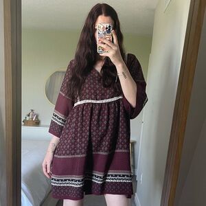 Burgundy and White Patterned Mini Babydoll Dress